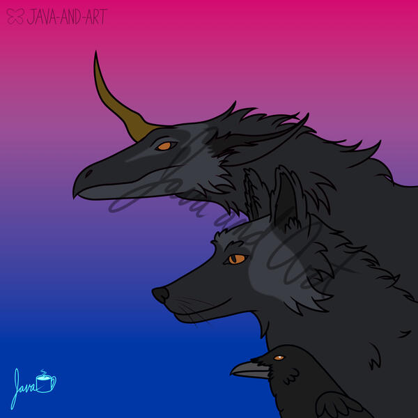 Pride Icon of Uni (Dragon), Uni (Fox), and Yö for @unikorppu.bsky.social