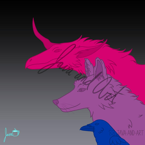 Pride Icon variant of Uni (Dragon), Uni (Fox), and Yö for @unikorppu.bsky.social